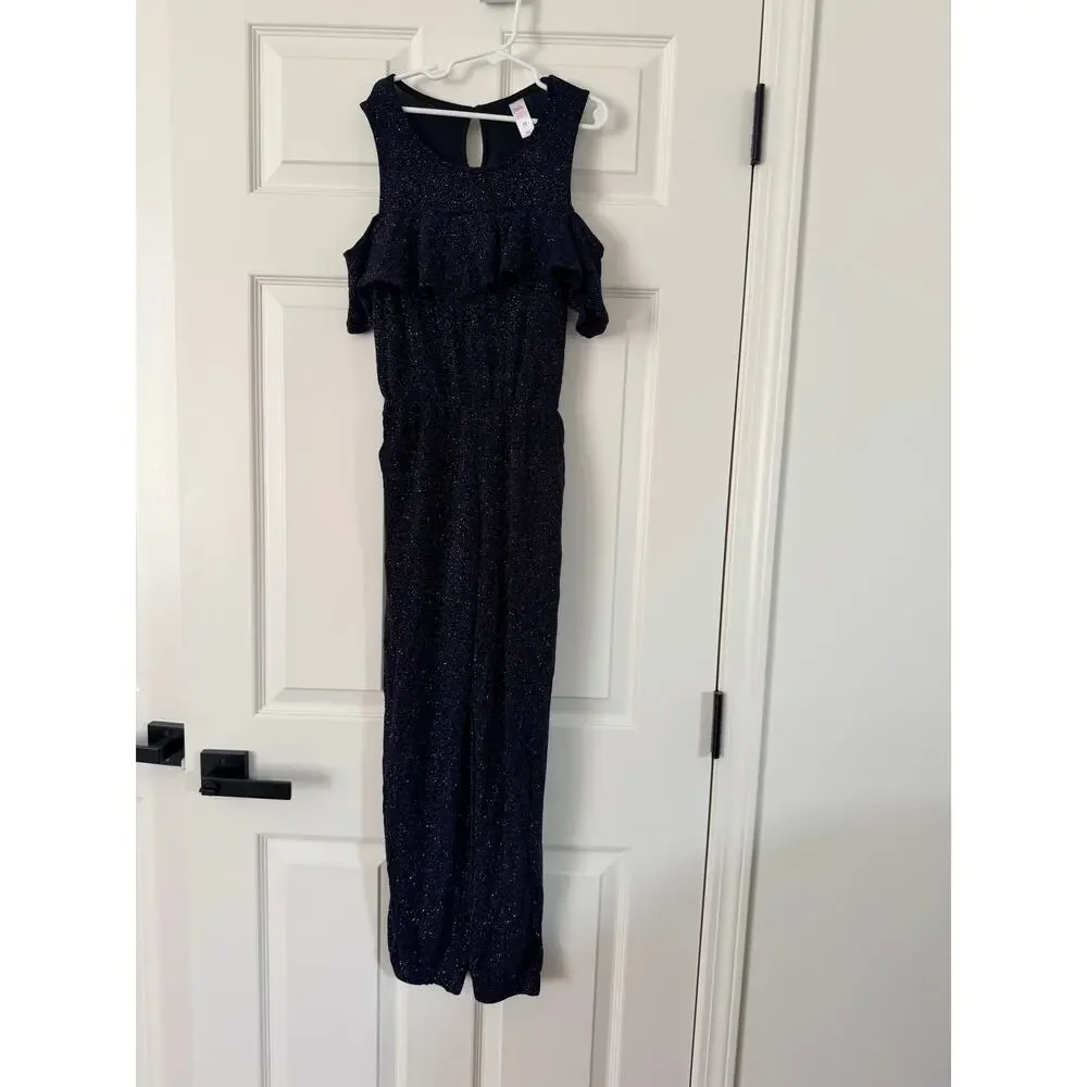 Justice Girls Blue Sparkle Cold Shoulder Jumpsuit Sz 12